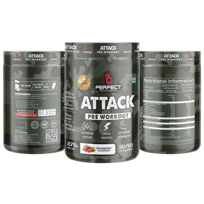 Perfect Health Nutrition Attack (Pre-workout) with 250mg Caffeine Helps in Better Endurance Increased Energy Elevated focus & Reduces Fatigue (270gm, 30/60 Servings) - Image 3