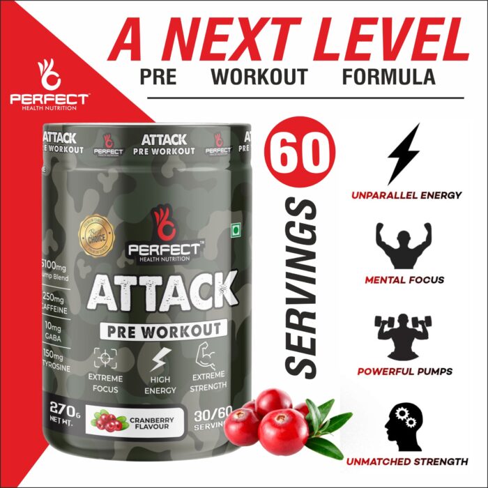 Perfect Health Nutrition Attack (Pre-workout) with 250mg Caffeine Helps in Better Endurance Increased Energy Elevated focus & Reduces Fatigue (270gm, 30/60 Servings) - Image 5