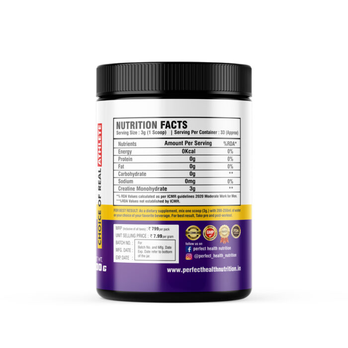 PERFECT HEALTH NUTRITION CREATINE MONOHYDRATE (UNFLAVOURED) 100GM  (33 Serving) - Image 2