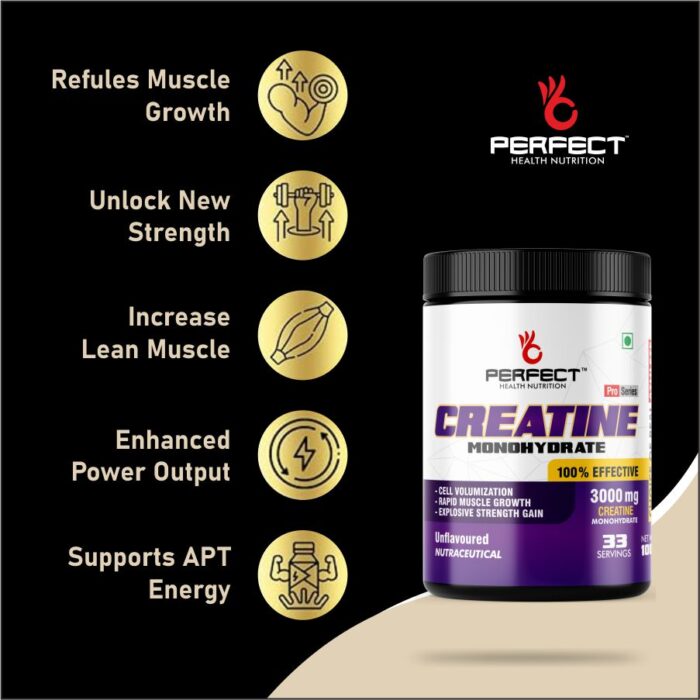 PERFECT HEALTH NUTRITION CREATINE MONOHYDRATE (UNFLAVOURED) 100GM  (33 Serving) - Image 5